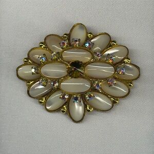 Vintage Mother of Pearl Brooch with Rivoli Aurora Borealis Rhinestones